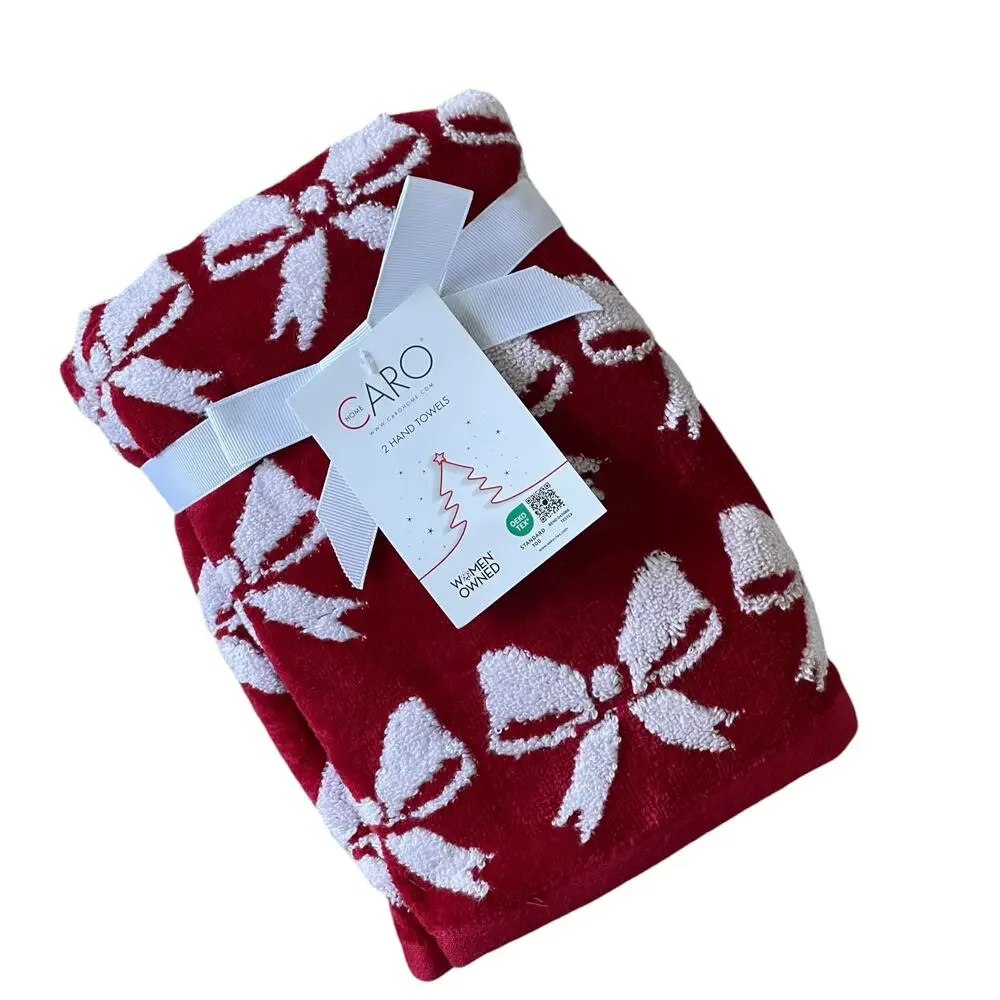 Caro Home CHRISTMAS BOW Hand Towels Set of 2 Red & White Holiday Decor